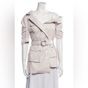 EUC Cinq a sept ivory shortsleeved faux off shoulder leather jacket size 10